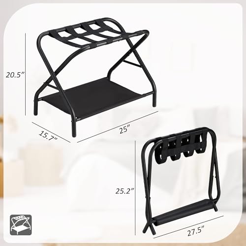 Ancohom Luggage Rack Set of 2, Foldable Suitcase Stand with Fabric Storage Shelf Easy Assemble Metal Luggage Holder with Straps for Guest Room Bedroom Hotel, Black by Ancohom - Image 2