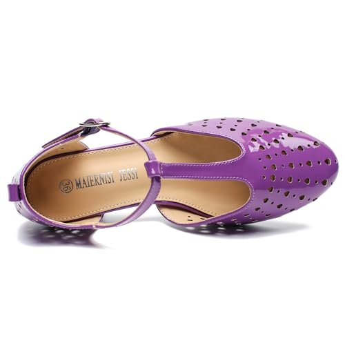 Image of MAIERNISI JESSI Women's T-Strap Mary Jane Pumps, Low Block Heel, Closed Toe, Buckle Ankle Strap