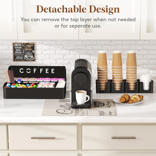 Image of Lifewit 2-tier Coffee Station Organizer Caddy for Countertop, 11 Compartments Coffee Bar Organizers for Cups, Pods, Sugar, Compact Condiment Holders Storage for Office Breakroom Kitchen Home Black