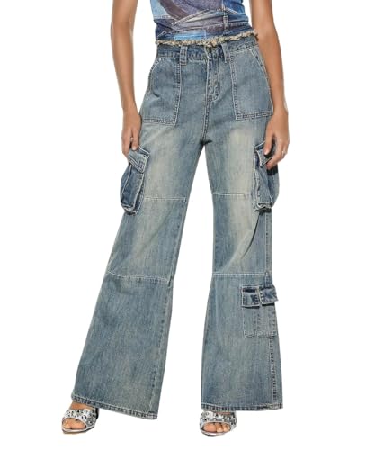 Women's High Waisted Vintage Stretchy Washed Bootcut Wide Leg Jeans Cargo Baggy Straight Denim Pants