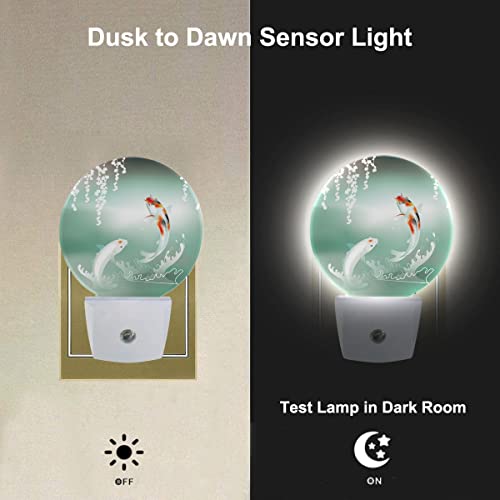 Image of Pond Fish Night Light Two Fishes Jump Over Lake Flowers Branch Sage LED Dusk to Dawn Plug-in Nightlight Auto Sensor for Bedroom Bathroom Hallway Living Room