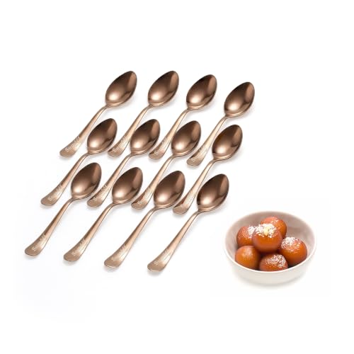 Image of Sumeet Stainless Steel Rose Gold Dessert /Table Premium Spoon Set of 12 Pc - (18cm L) (1.6mm Thick)