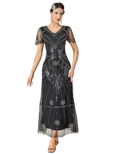 MTITE Women's Flapper Dress 1920s V-Neck Evening Gown Sequin Beaded