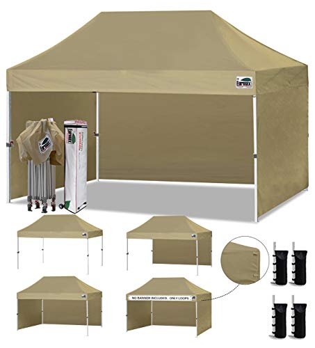 Image of Eurmax USA 10x15 Pop Up Canopy Tent,Commercial Tent with Patented No-Tip Rolling Bag,4 Zippered Removable Walls,UV & Water Resistant Canopy Top,Heavy Duty Outdoor Gazebo,Instant Shelter(Khaki)