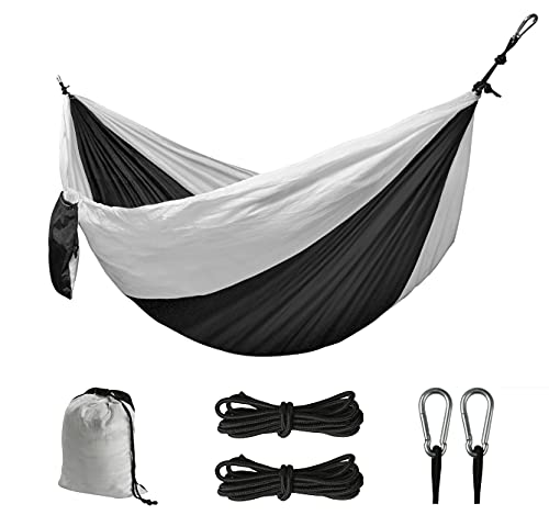 Kronenburg Ultraleichte Nylon Hängematte Fallschirmseide 275 x 140 cm, nur 595 Gramm, Traglast 300 kg inkl. 2 Karabiner und Seile - Schwarz/Weiß - Farbwahl Cover