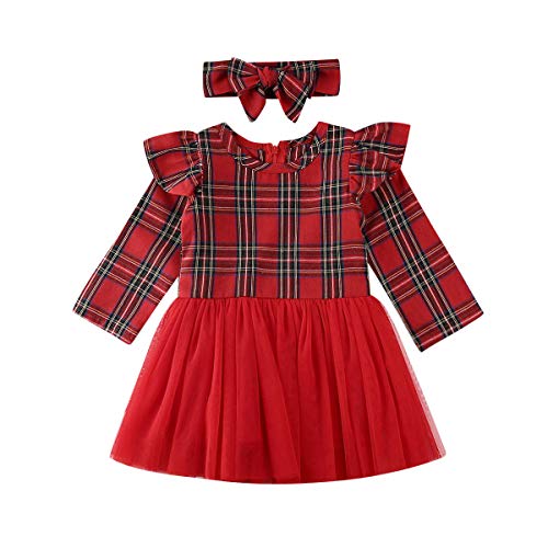 Frecoccialo Vestito da bambina a maniche lunghe, con fiocco di neve, stampato, per bambina, a maniche lunghe, volante, abito da principessa di Natale, Abito a B + fascia, 12-18 Mesi