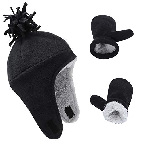 ACTLATI Kids Fleece Hat Winter Mitten Set Toddler Warm Earflap Caps Kids Soft Fleece Line Beanie Set for Boys Girls Black