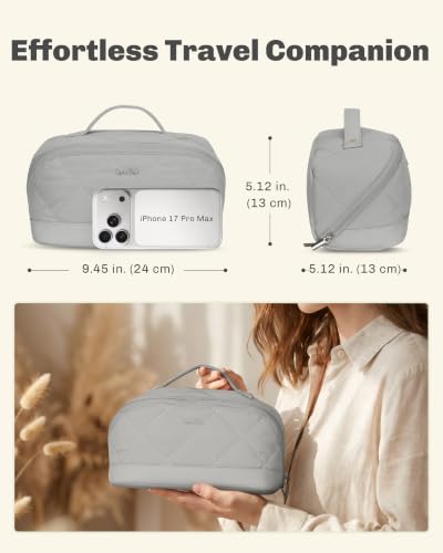 Image of Hynes Eagle Travel Makeup Bag for Women Puffy Cosmetic Organizer Pouch Open Flat Toiletry Bag for Toiletries Brushes Structured Base Light Grey