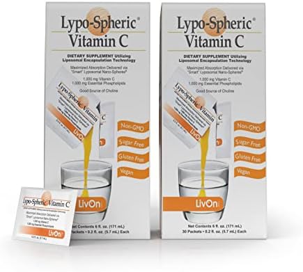 LivOn Laboratories Lypo–Spheric Vitamin C – 2 Cartons (60 Packets) – 1,000 mg Vitamin C & 1,000 mg Essential Phospholipids Per Packet – Liposome Encapsulated for Improved Absorption – 100% Non–GMO