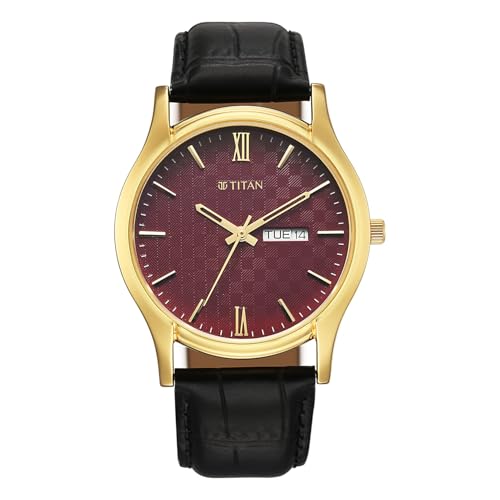 Image of Titan Karishma Regal Classic Day-Date Green Dial Black Leather Men's Dress Watch - 10059YL03