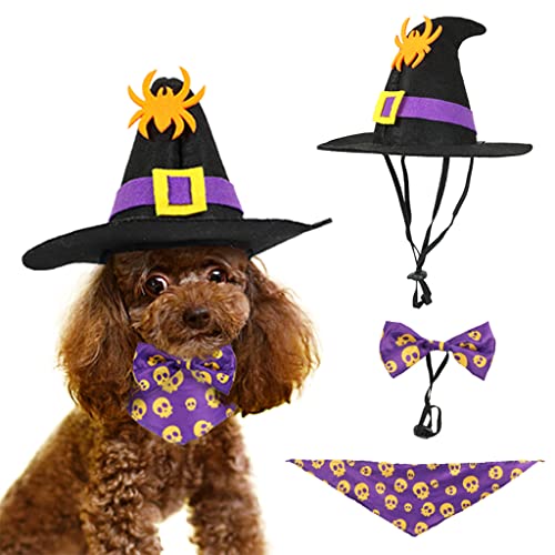 3 Pack Hund Halloween Kostüme, Hund Katze Hexe Schwarzer Hut, Haustier Totenkopf Muster Krawatte, Haustier Halloween Kostüm für Katzen Kleine Mittlere Hunde Cover