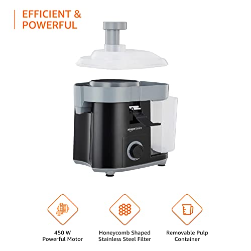Image of amazon basics 450 W CENTRIFUGAL JUICER WITH PUSHER | REMOVABLE PULP CONTAINER | SS MESH FILTER & 3 SPEED SETTINGS I FOR JUICING FRUITS | VEGITABLES & MORE | ISI-MARKED | BLACK 450 Watts