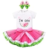First Birthday Party Set: Fruit Theme 1st Birthday Cake Smash Romper Skirt Headband 3pcs Summer Sundress Going Home Outfit Pink+Green-Watermelon 12-18 Months