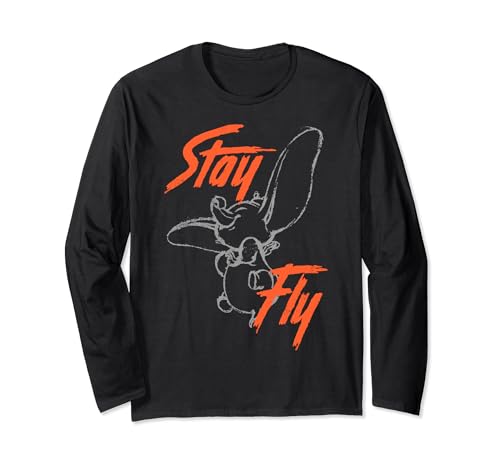 T-shirt Dumbo Disney manches longues noir Stay Fly vêtement imprimé graphique coton