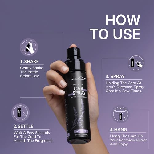 Image of Aromahpure Lavender Car Perfume Spray | 100ml | with Hanging Card | Long Lasting 800+ Sprays Car Fresheners | Travel Friendly Car Air Freshener | CFC Free &Fast Acting Formula