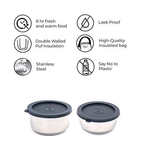 Image of ROXX Happy Meal Tiffin, Stainless Steel Lunch Box for Office /College, Double Walled Puf Insulation with Fabric Insulated Bag, Black (3 Containers)