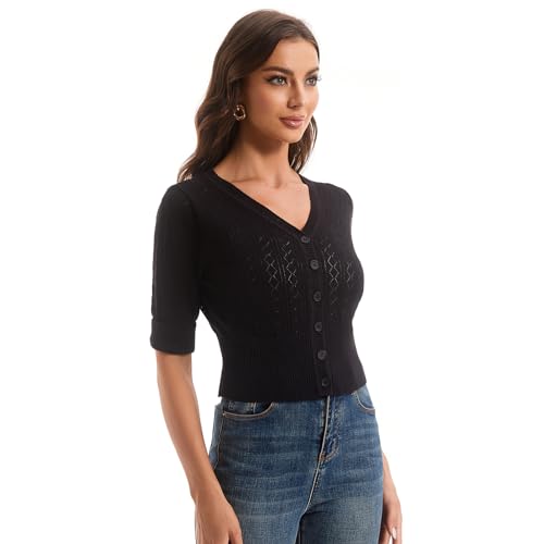 Women's V Neck Cropped Cardigan, Short Sleeve Casual Button Front Knit Sweater Top2