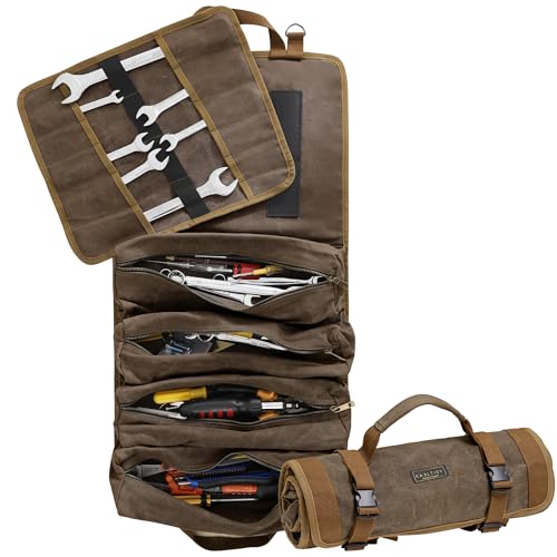 Tool Storage Roll | Multifunctional Tool Carrier Bag (4 Pockets & 1 Detachable Roll), 16OZ Waxed Canvas Roll Up Tool Bag - for Hammer Wrench Set Wire Stripper Chisel | 70x35 CM | Grey