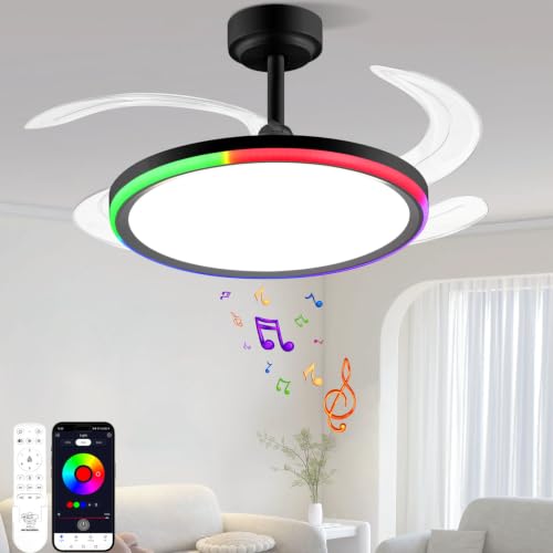 BAYSQUIRREL RGB Retractable Ceiling Fan with Light and Bluetooth Speaker