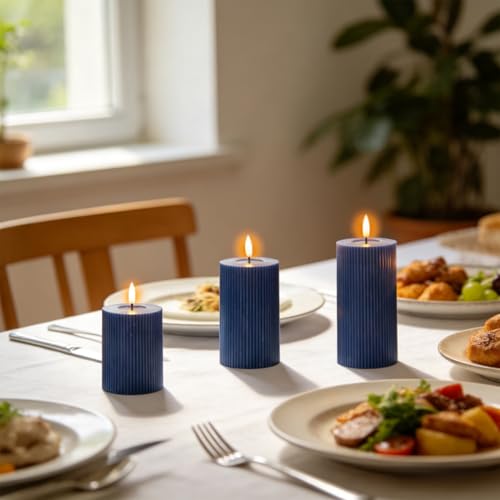 Image of Battery Operated Flameless Candles with 6 Hour Timer 3 Pack Real Wax Vertical Stripe 3D Wick Flickering LED Pillar Candles Dinner Wedding Christmas Holiday Decor(Navy Blue, 3 inchD x 5 inch, 6 inch, 7 inchH)