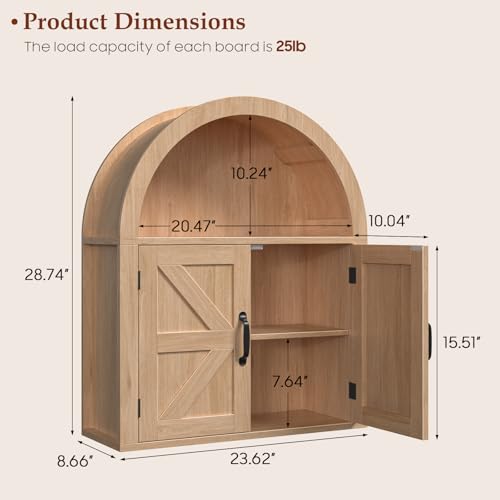 Image of Halitaa Arched Bathroom Wall Cabinet, Farmhouse Medicine Cabinet with Barn Door and with Adjustable Shelf, 23.6 x 28.7'' Wooden Storage Cabinet Wall Mounted for Bathroom Laundry Room Kitchen, Natural