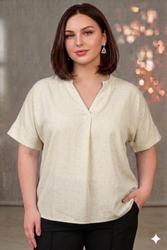 Image of SINDOORI Relaxed Fit Tops for Women Plus Size Solid Printed Mandarin Collar, Band Collar, V-Neck Top, Half Sleeve Loose Fit