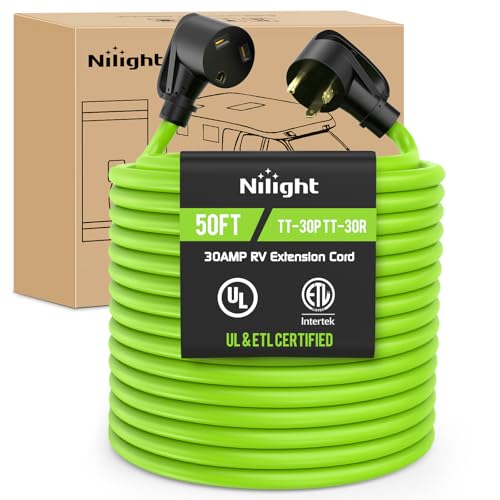 Image of Nilight 50FT 30 Amp RV Extension Cord 125V Heavy Duty 10 /3 Gauge Pure Copper STW Wire UL ETL Listed 3 Prong TT-30P TT-30R Weatherproof Suit for Camper Caravan Trailer Bright Green