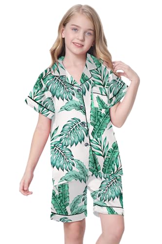 Image of Schbbbta Girls Womens Pajamas, Satin Silky Pjs Set Kids 2Pcs Button-Down Nightwear Sleepwear Gift for Mommy and me
