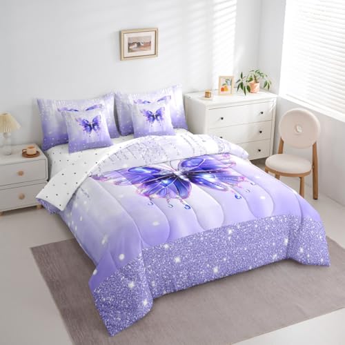 Image of Feelyou Butterfly Comforter Set Twin Size 7 Pieces Dreamy Princess Bedding Set for Kids Boys Girls Glitter Bed in a Bag with Comforter, Sheets, Pillowcases, Cushion Covers Watercolor Butterflies