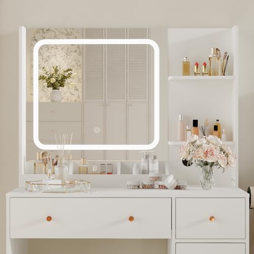 Vanity Desk with LED Lights Mirror & Power Outlet, Makeup Vanity Table Set with Storage Drawers Shelves Cabinet& Chair, 3 Lighting Modes & Adjustable Brightness, Dressing Table for Women Girls Bedroom