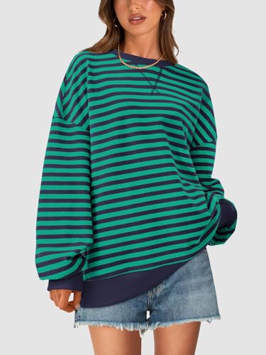 Image of PRETTYGARDEN Womens Striped Oversized Sweatshirt Color Block Crew Neck Long Sleeve Casual Loose Pullover Top Y2K Clothes