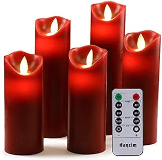 HANZIM LED Candles,Flameless Candles 5"6"7"8"9" Set of 5 Real Wax Battery Candle Pillars, Realistic Dancing Mood Candles and 10 Key Remote Control with 24 Hour Timer Function (Burgundy)