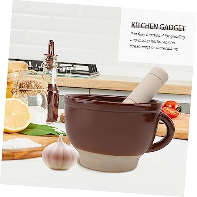 KICHOUSE 1Set Ceramic Garlic Grinder with Wooden Pestle Kitchen Tools for Crushing Spices and Seasonings Ergonomic Design for Easy Use Functional and Decorative Garlic Bowl