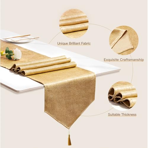 BALCONY & FALCON Gold Table Runner Lustrous Linen 14"x95" Water Resistant Washable Vintage Rustic Tassels Runner for Table, Dining, Party, Wedding, Birthday, Easter, Thanksgiving, Christmas Décor by BALCONY & FALCON - Image 2