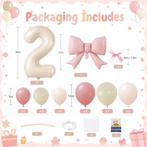 Image of 40 Inch Pink Beige Number 2 Balloon Tower with Bow 2nd Birthday Decorations