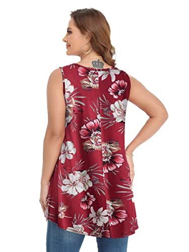 Larace Tank Top For Womens Summer Clothes Scoop Neck Floral Shirts Sleeveless Tunic For Leggings Plus Size Blouses(A-Winered18 3X) #TOP5