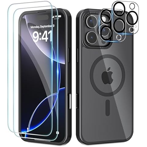 beuxece Magnetic for iPhone 16 Pro Max Case with 2X Screen Protectors, 2X Camera Covers, [Military Drop Protection] [Compatible with Mag Safe] Translucent Matte Shockproof Women Phone Case, Black Cover