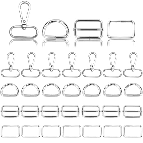 Csirnto 32 Stück Karabiner für Taschen 32mm Drehbare Karabinerhaken Schlüsselanhänger Metall D-Ringe Schiebeschnalle Gurtversteller Metallring für Taschen Gürtel DIY Handwerk Taschenzubehör, Silber