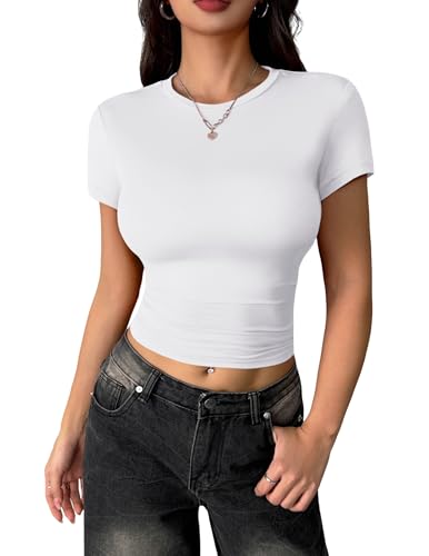 Zeagoo Kurzarm T Shirt Damen Enges Rundhals Tshirt Lässig Slim Fit Oberteil Sommer Basic Sexy Shirt Stretch Top Weiß M