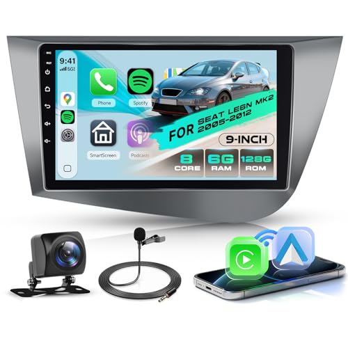 Android Autoradio für SEAT León MK2 2005–2012 (Linkslenker) 8 Kerne 6+128G Wireless Carplay 9 Zoll mit Android Auto Mirror Link Bluetooth FM/RDS/EQ/DSP WiFi GPS Navi Lenkradsteuerung Rückfahrkamera