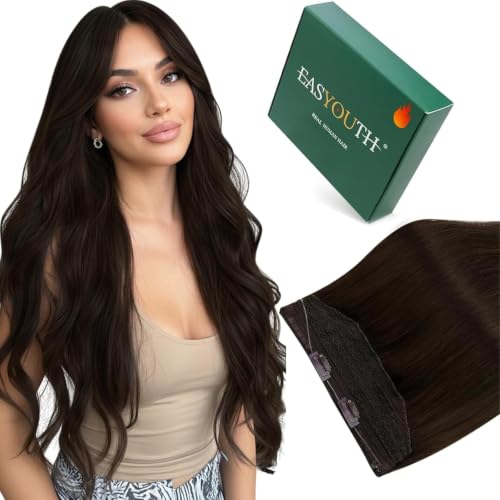Image of Easyouth Human Hair Wire Extensions Dark Brown, for Women, 18 Inch 80G | Invisible Wire Hair Extensions Real Human Hair Dark Brown, Natural Luster Texture Fish Line Hair Extension, Real Human Hair