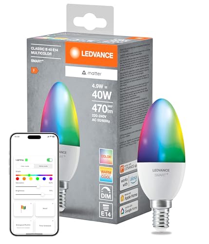 Ledvance Lampada Led Smart+ Matter, Smerigliata, 4,9W, 470Lm, Forma a Candela E14, Luce Colorata e Luce Bianca, Compatibile con Google, Alexa, Apple, App o Controllo Vocale, Durata Fino a 20.000 Ore