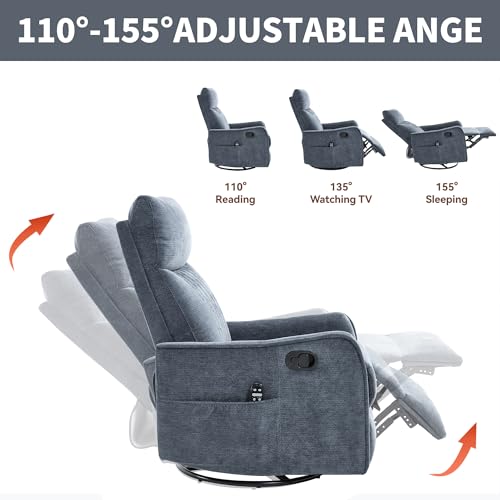 Image of Manual Swivel Rocker Recliner Chair for Adults, Overstuffed Reclining Glider Chair for Nursing with Vibration Massage & Heat, Living Room Rocking Recliner 2-Stage backrest, Chenille Fabric Blue