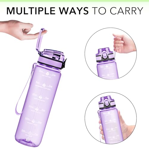 Image of 32oz Transparent Water Bottle with Time Marker, Clear Purple Motivational Drinking Bottle with Strap, BPA-Free Leak-Proof, Encouraging Water Bottle to Drink Water for Gym School Office Travel