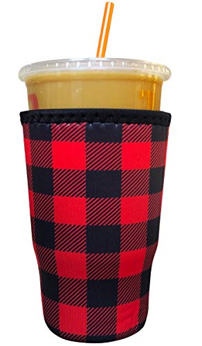 Image of Iced Coffee Sleeve, Insulated Neoprene Cup Sleeve, Fits a 32 Oz. Coffee Cup, Washable and Reusable, Iced Coffee Accessories, Large Buffalo Plaid
