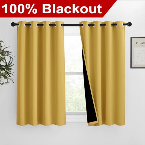 Image of NICETOWN 100% Blackout Curtains with Black Liners, Solid Thermal Insulated Full Blackout 2-Layer Lined Drapes, Energy Efficiency Window Draperies for Bedroom (2 Panels, 46 inch W by 54 inch L, Bright Yellow)