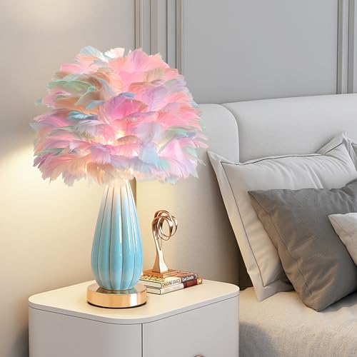 ZYLEISENBAO Colorful Feather Lamp Modern Feather Table Lamp Nordic Fluffy Bedside Lamp Cute Princess Desk Lamp for Kid Girl Bedroom Living Room Entry Office Nursery Wedding Decoration Gift — view 5
