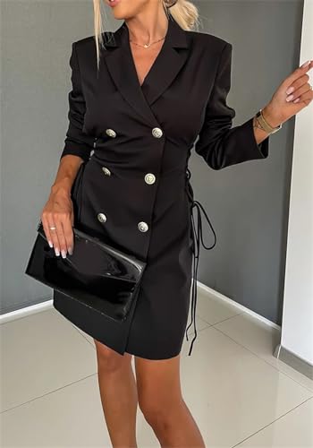 Womens Long Sleeve Lapel V Neck Lace Up Button Bodycon Sexy Nightclub Party Blazer Jackets Dress4