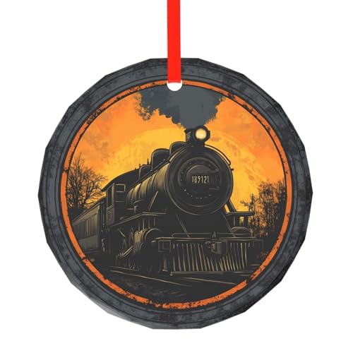 Image of Steam Engine Christmas Ornaments Round Glass Decorations Vintage Train Tree Decorative Hanging Pendant for Xmas Home Office Party Holiday