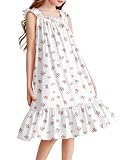 Arshiner Girls Nightgowns Princess Sleepwear Sleeveless Pajama Dress Soft Nightdress White Flowers 9-10Y
